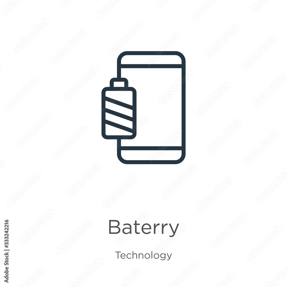 Poster baterry icon. thin linear baterry outline icon isolated on white background from technology collecti
