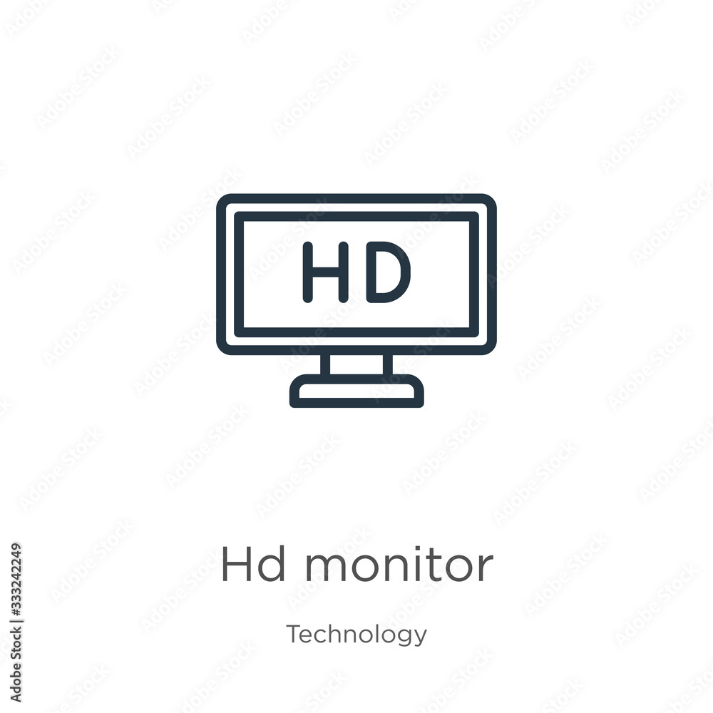 Poster hd monitor icon. thin linear hd monitor outline icon isolated on white background from technology co