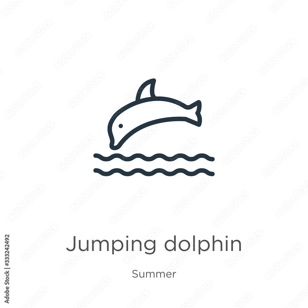 Poster jumping dolphin icon. thin linear jumping dolphin outline icon isolated on white background from sum