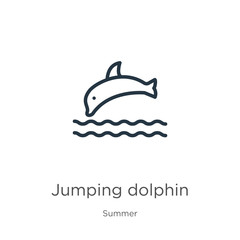 Jumping dolphin icon. Thin linear jumping dolphin outline icon isolated on white background from summer collection. Line vector sign, symbol for web and mobile