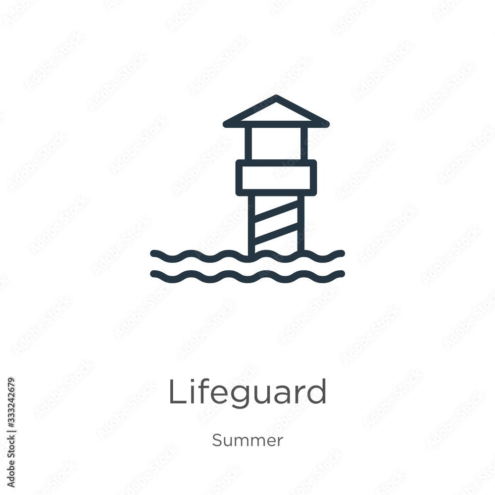 Poster lifeguard icon. thin linear lifeguard outline icon isolated on white background from summer collecti