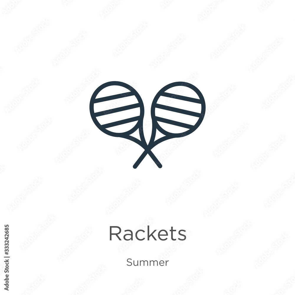 Poster rackets icon. thin linear rackets outline icon isolated on white background from summer collection. 