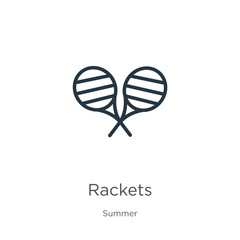 Rackets icon. Thin linear rackets outline icon isolated on white background from summer collection. Line vector sign, symbol for web and mobile