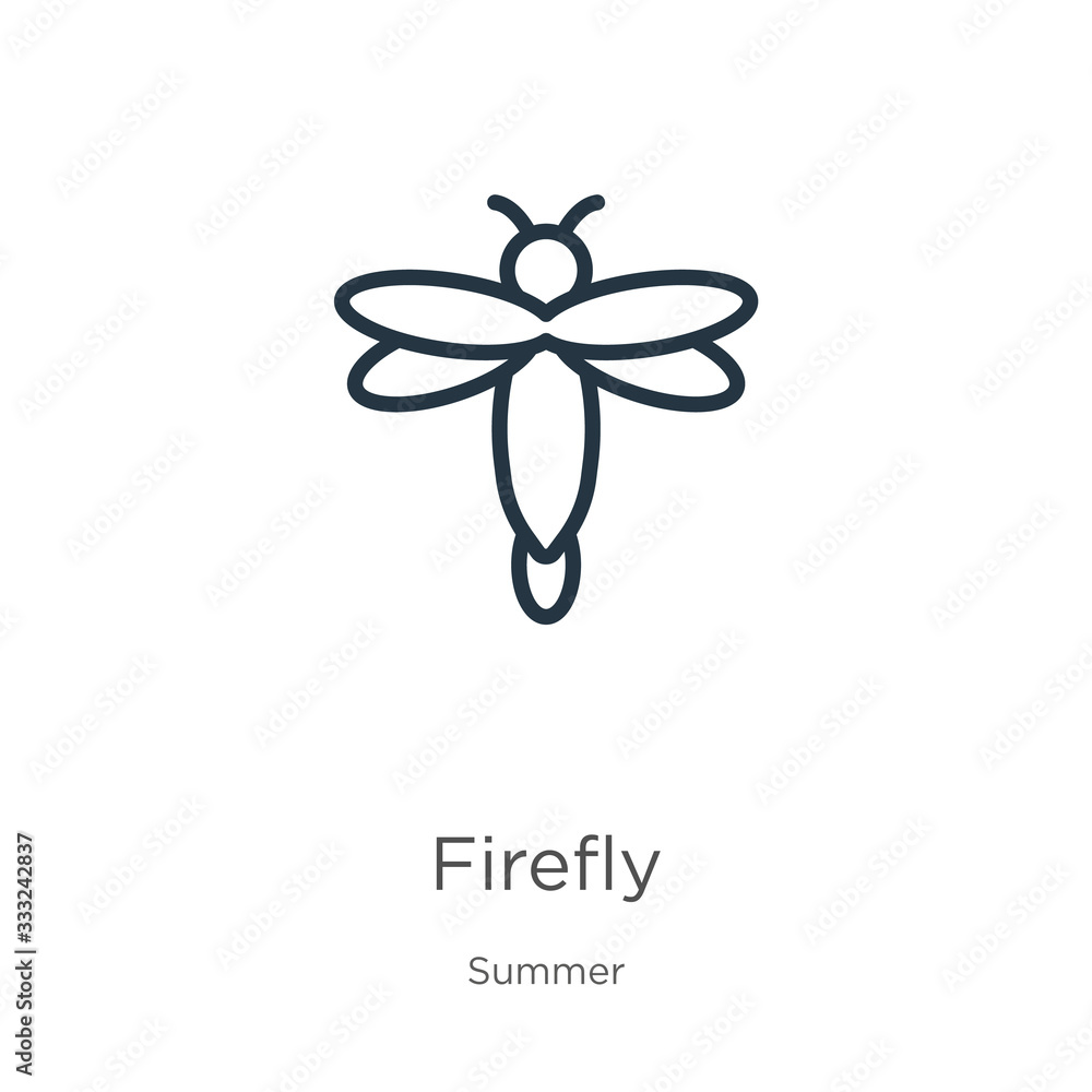Poster firefly icon. thin linear firefly outline icon isolated on white background from summer collection. 