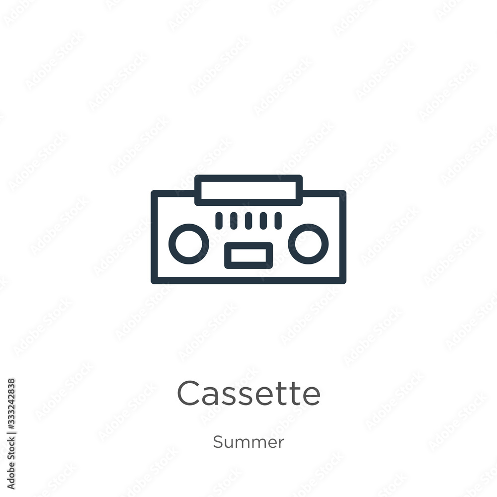 Poster cassette icon. thin linear cassette outline icon isolated on white background from summer collection
