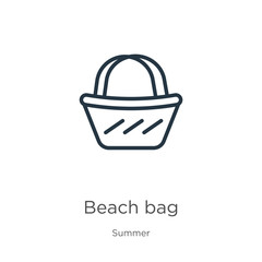 Beach bag icon. Thin linear beach bag outline icon isolated on white background from summer collection. Line vector sign, symbol for web and mobile