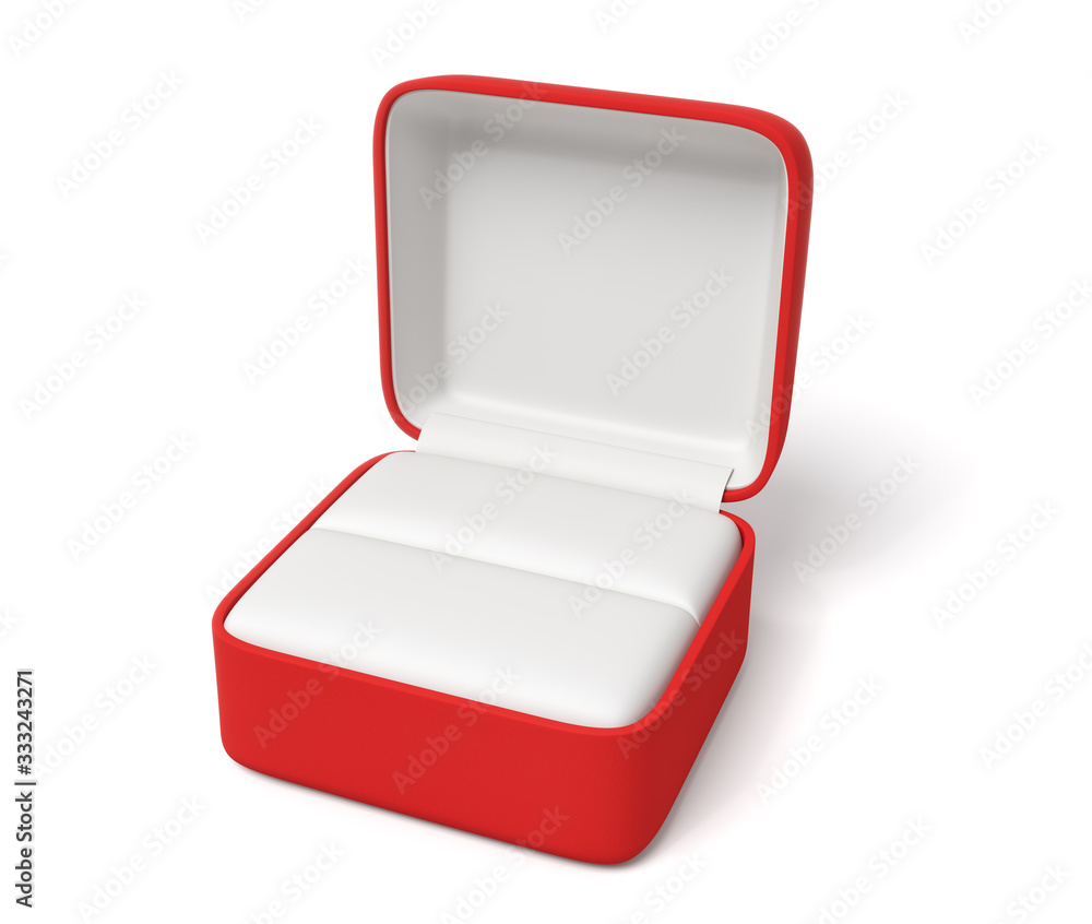 Poster 3d close-up rendering of open empty red ring box on white background.