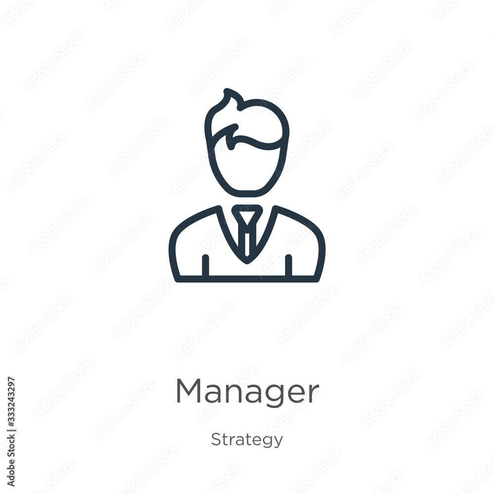 Poster manager icon. thin linear manager outline icon isolated on white background from strategy collection