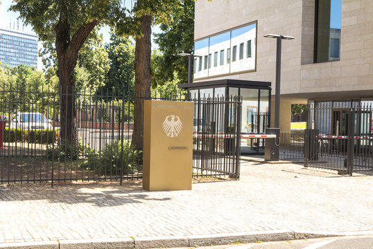 Karlsruhe, Germany - July 4, 2019: Sign at the entrance to The Federal Court of Justice in Karlsruhe, Germany - Bundesgerichtshof - BGH - is the highest court in Germany