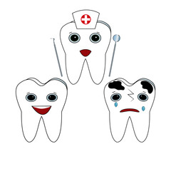 Obraz premium Cute cartoon teeth characters vector. Sad decayed tooth before the dentist and healthy happy tooth after the dentist. Dental care.