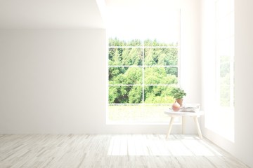Fototapeta premium Stylish empty room in white color with summer landscape in window. Scandinavian interior design. 3D illustration