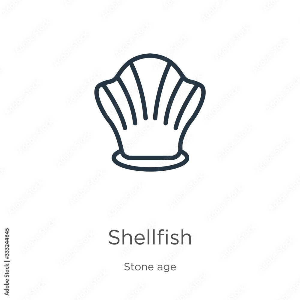 Poster shellfish icon. thin linear shellfish outline icon isolated on white background from stone age colle