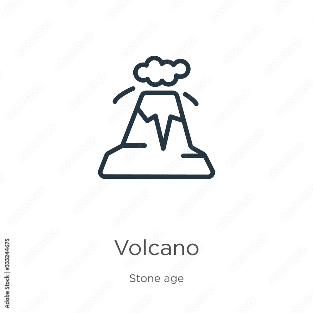 Poster volcano icon. thin linear volcano outline icon isolated on white background from stone age collectio