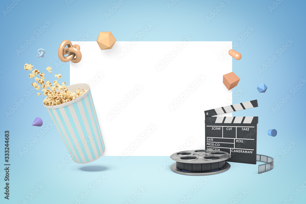 Aufkleber 3d rendering of white copy space surrounded with geometric shapes, pop corn bucket on the left and c