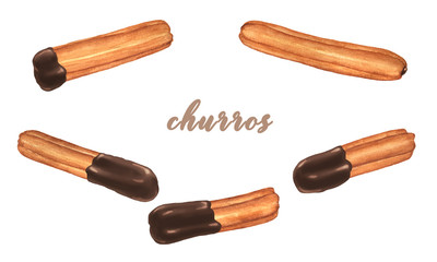 Watercolor spanish, mexican and brasilian churros with dark chocolate, roasted pastry dessert set (collection, bundle). Hand drawn old style illustration, isolated.