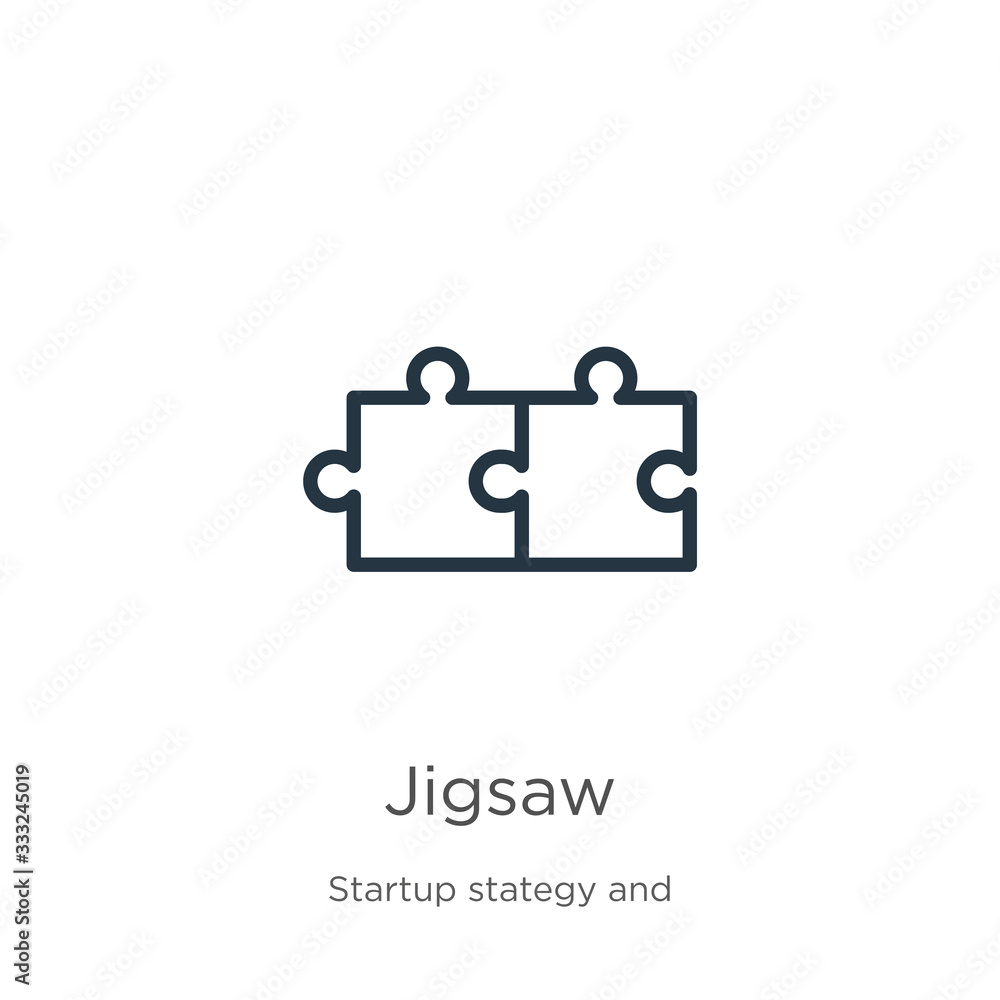 Poster jigsaw icon. thin linear jigsaw outline icon isolated on white background from startup collection. l
