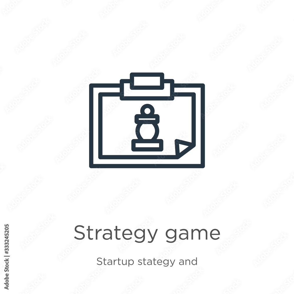 Poster strategy game icon. thin linear strategy game outline icon isolated on white background from startup