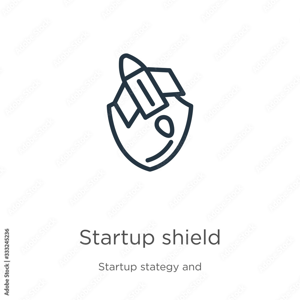 Poster startup shield icon. thin linear startup shield outline icon isolated on white background from start
