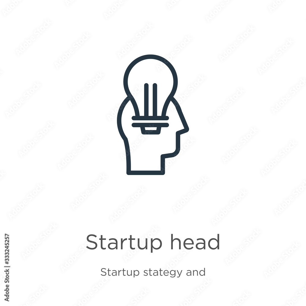 Poster startup head icon. thin linear startup head outline icon isolated on white background from startup s