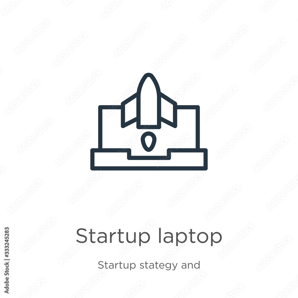 Aufkleber startup laptop icon. thin linear startup laptop outline icon isolated on white background from start