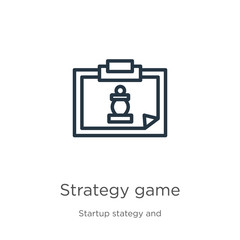 Strategy game icon. Thin linear strategy game outline icon isolated on white background from startup stategy and success collection. Line vector sign, symbol for web and mobile