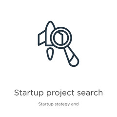 Startup project search icon. Thin linear startup project search outline icon isolated on white background from startup stategy and success collection. Line vector sign, symbol for web and mobile