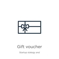Gift voucher icon. Thin linear gift voucher outline icon isolated on white background from startup stategy and success collection. Line vector sign, symbol for web and mobile