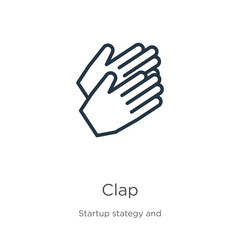 Clap icon. Thin linear clap outline icon isolated on white background from startup stategy and success collection. Line vector sign, symbol for web and mobile