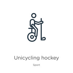 Unicycling hockey icon. Thin linear unicycling hockey outline icon isolated on white background from sport collection. Line vector sign, symbol for web and mobile