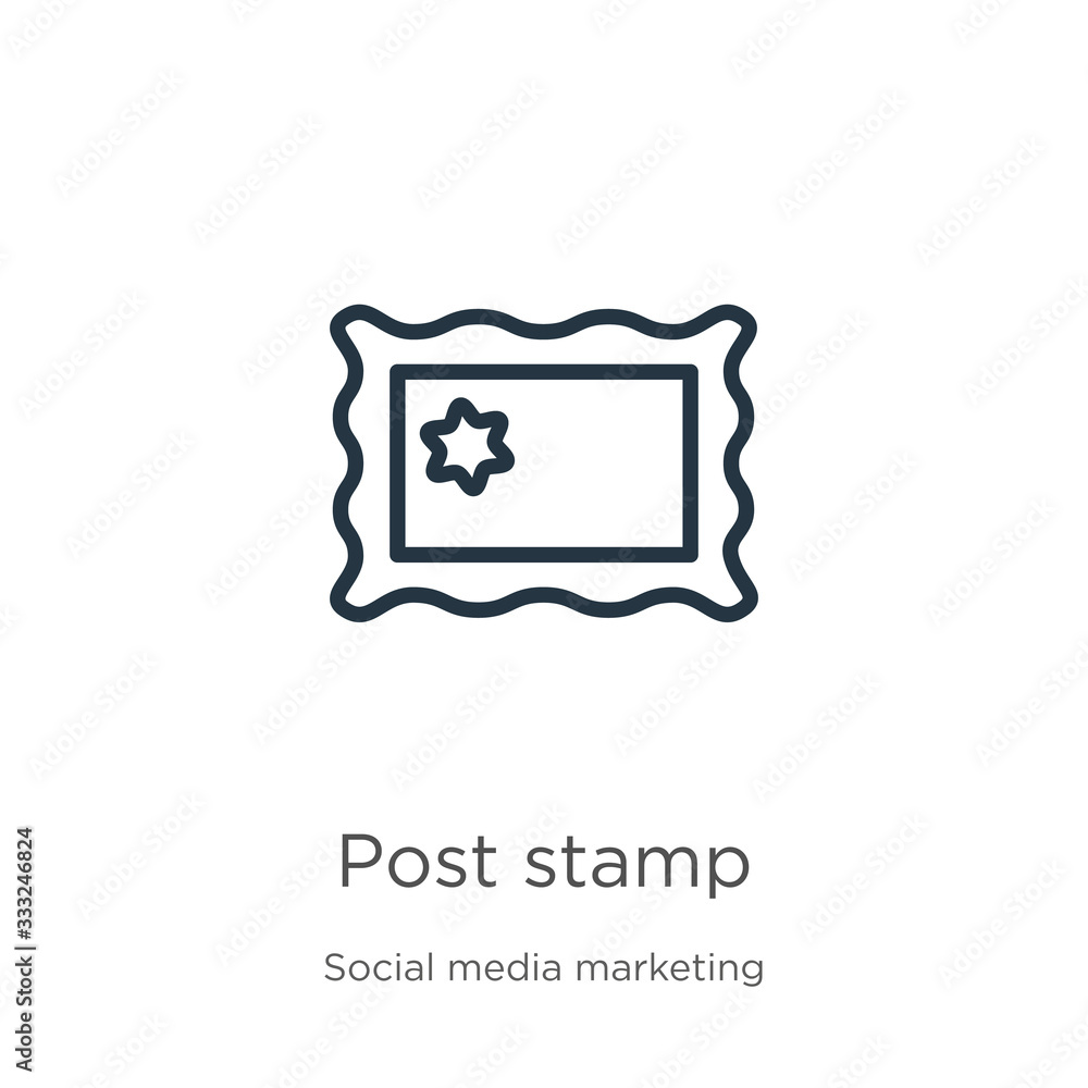 Poster post stamp icon. thin linear post stamp outline icon isolated on white background from social collec