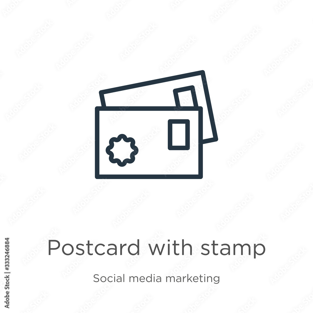 Aufkleber postcard with stamp icon. thin linear postcard with stamp outline icon isolated on white background 