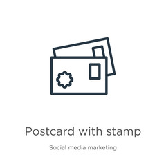 Postcard with stamp icon. Thin linear postcard with stamp outline icon isolated on white background from social collection. Line vector sign, symbol for web and mobile