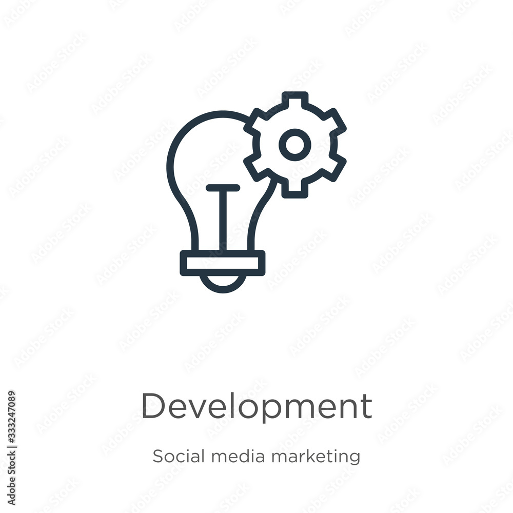 Poster development icon. thin linear development outline icon isolated on white background from social medi