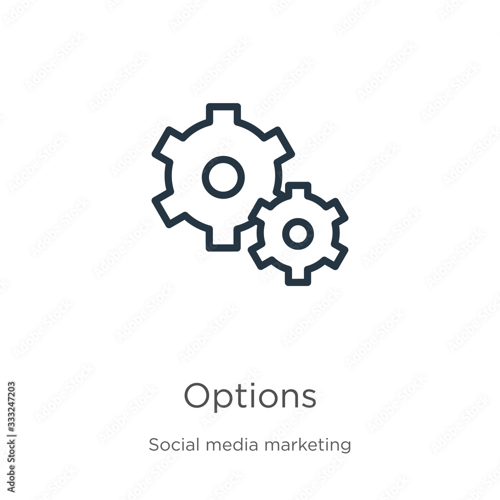 Poster options icon. thin linear options outline icon isolated on white background from social media market