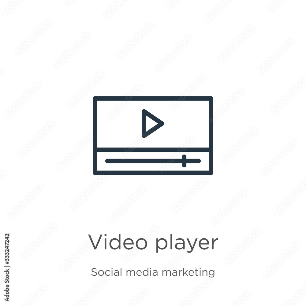 Poster video player icon. thin linear video player outline icon isolated on white background from social me