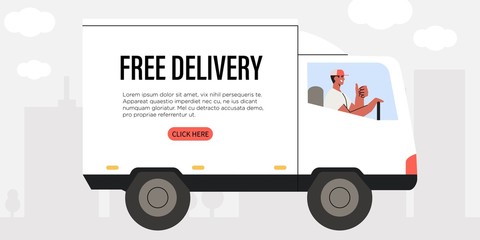 Online food or package free fast express delivery service or application. Company happy courier driving a truck delivering an order. Online cargo or food delivery for commercial and private customers.