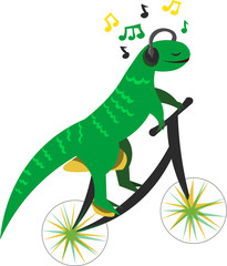 A lizard on a bicycle listens to music. Cute poster, print. Design for kids and teens.
