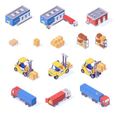 Warehouse isometric set of boxes pallets cargo goods trucks forklifts and racks isolated vector illustration