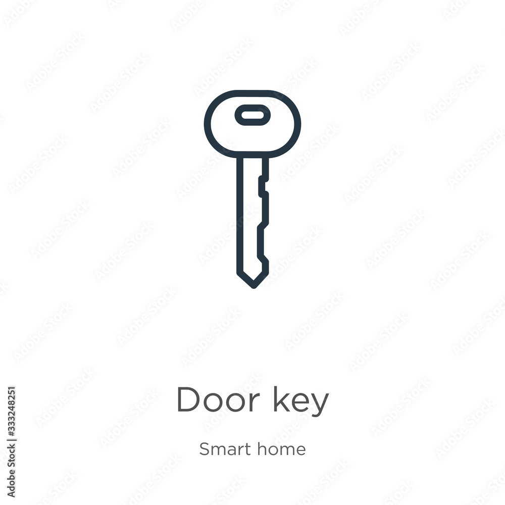 Poster door key icon. thin linear door key outline icon isolated on white background from smart home collec