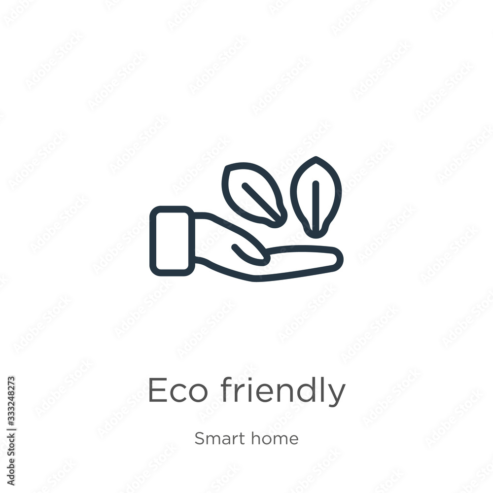 Poster eco friendly icon. thin linear eco friendly outline icon isolated on white background from smart hom