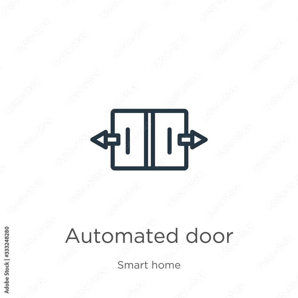 Poster automated door icon. thin linear automated door outline icon isolated on white background from smart