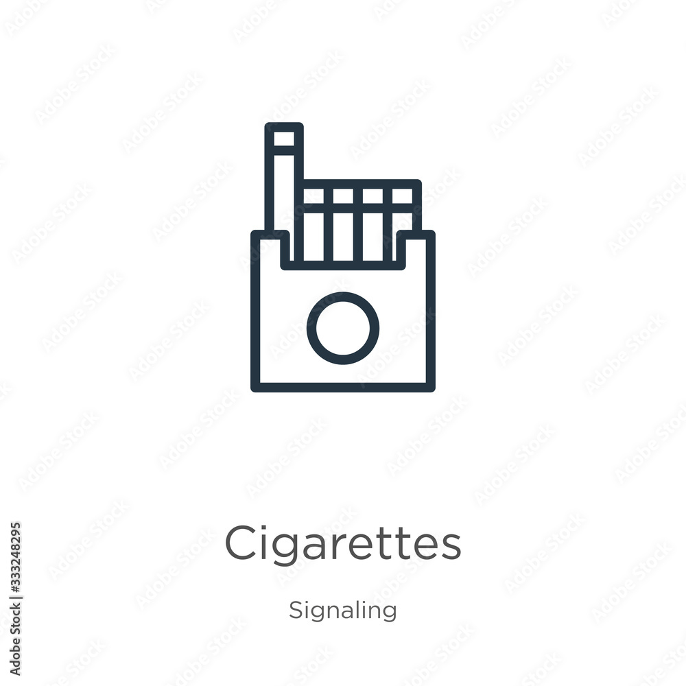Poster cigarettes icon. thin linear cigarettes outline icon isolated on white background from signaling col