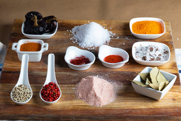 View from top Spanish spices and herbs on wooden background.