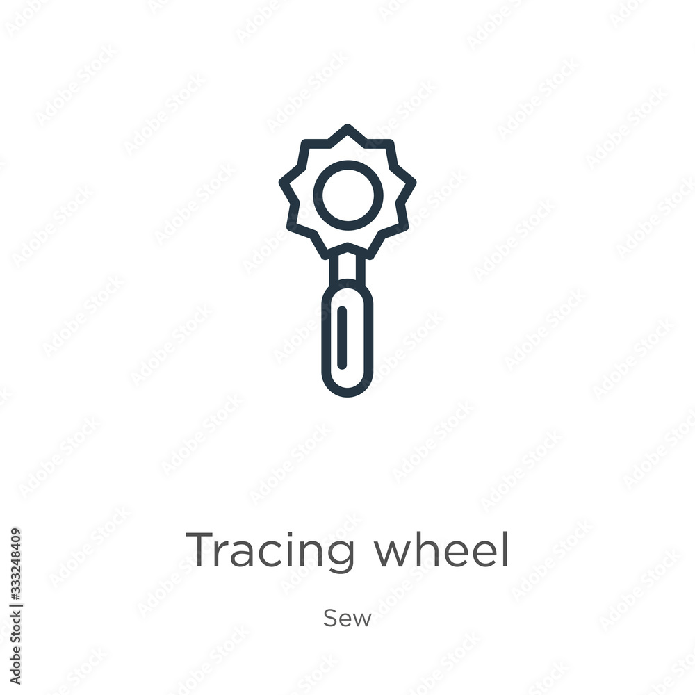 Poster tracing wheel icon. thin linear tracing wheel outline icon isolated on white background from sew col