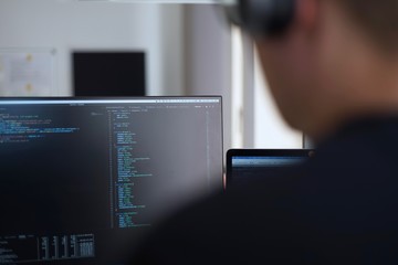 Real male web programmer coding javascript, php, symfony, react at work 