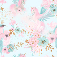 Fairy magical garden. Unicorn seamless pattern, pink, blue, gold flowers, leaves , birds and clouds. Kids room wallpaper © Fleur*Design