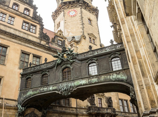 Fototapeta premium Baroque style architecture of Old sky bridge between the Dresden Castle and the Cathedral in Old town area.