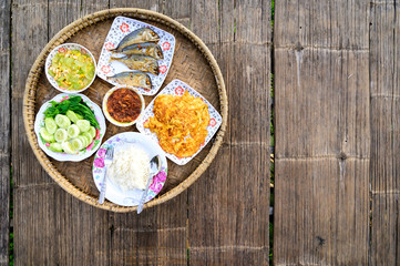 Khantok (food tray) Thai food traditionally dinner for homestay at Pa Pong Pieng homestay, Mae Chaem, Chiang Mai, Thailand.