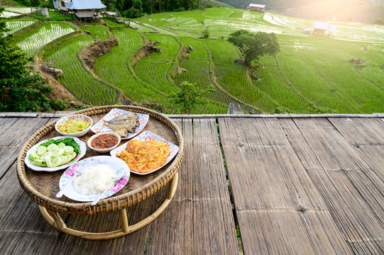 Khantok (food tray) Thai food traditionally dinner for homestay at Pa Pong Pieng homestay, Mae Chaem, Chiang Mai, Thailand.