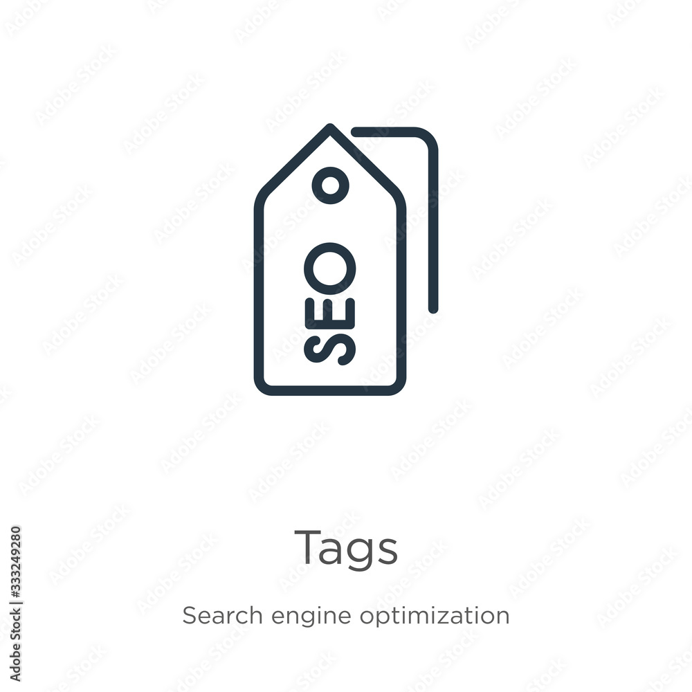 Poster tags icon. thin linear tags outline icon isolated on white background from search engine optimizatio